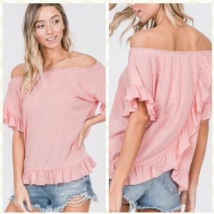 OFF SHOULDER RUFFLED HEM TOP pale pink pack of 3